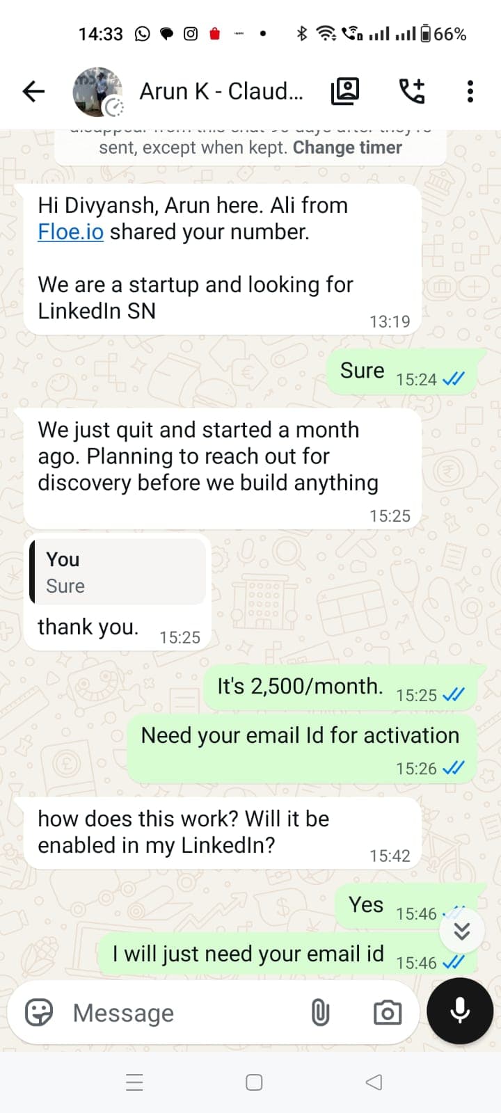 Arun K. WhatsApp chat — initial enquiry