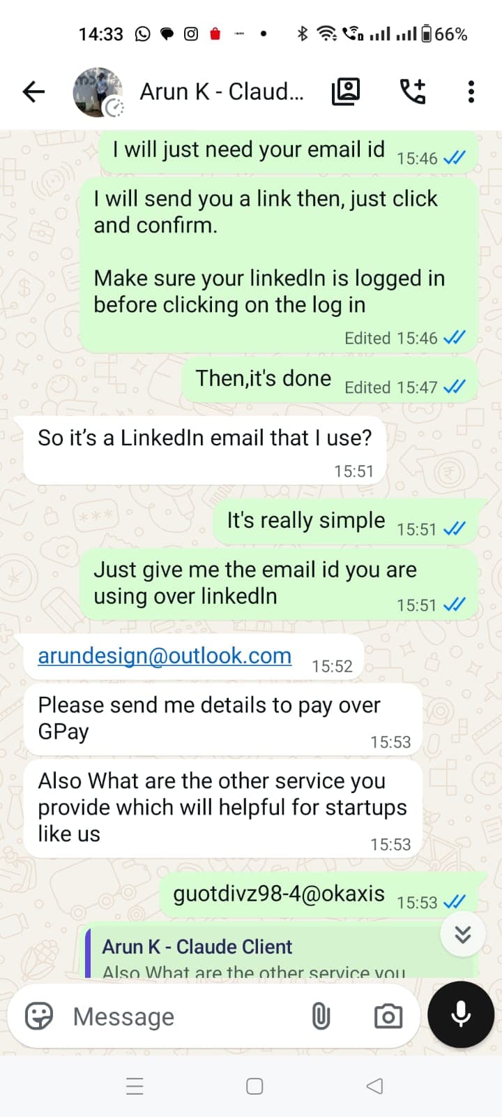 Arun K. WhatsApp chat — sharing email for activation