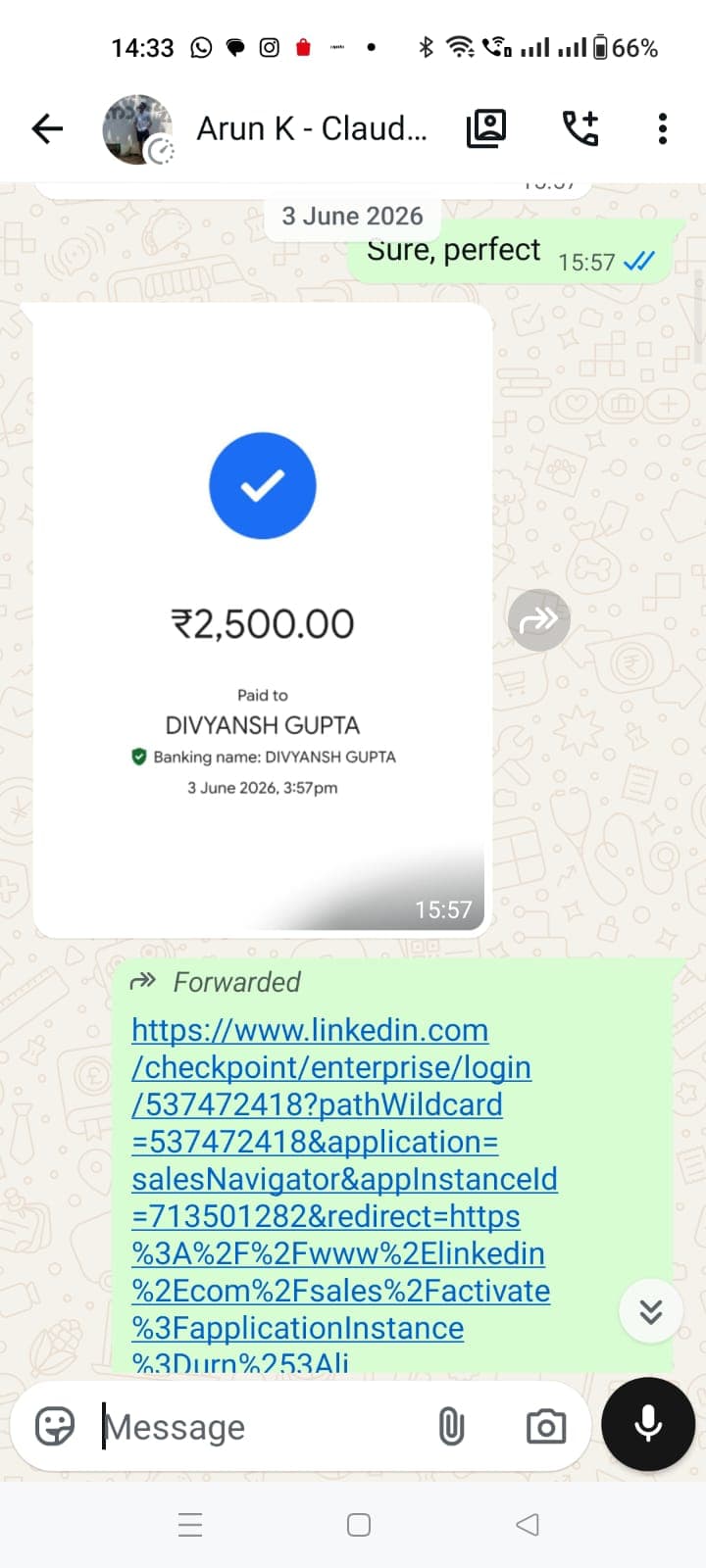 Arun K. WhatsApp chat — ₹2,500 payment confirmation