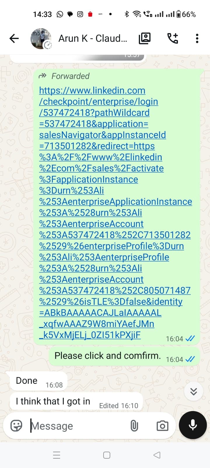 Arun K. WhatsApp chat — activation confirmed