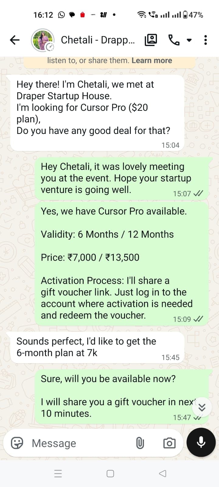 Chetali M. WhatsApp chat — Cursor Pro enquiry and pricing