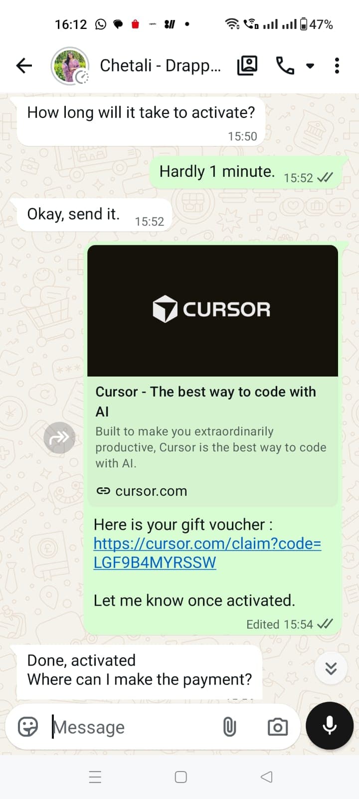 Chetali M. WhatsApp chat — gift voucher and activation