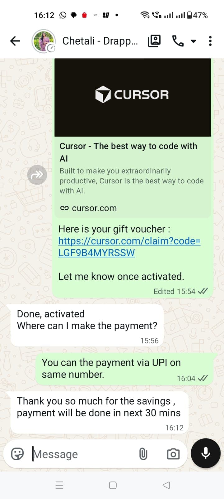 Chetali M. WhatsApp chat — payment confirmed with thanks for savings