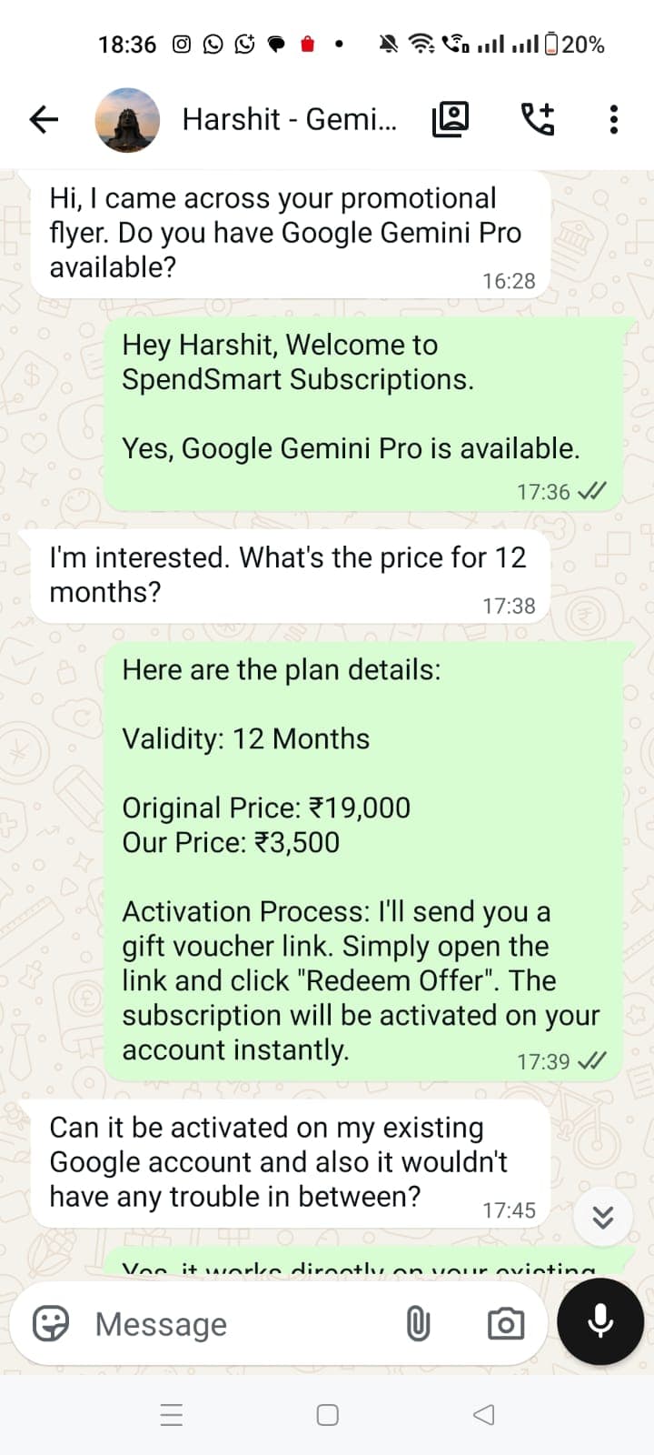 Harshit G. WhatsApp chat — Gemini Pro enquiry and pricing