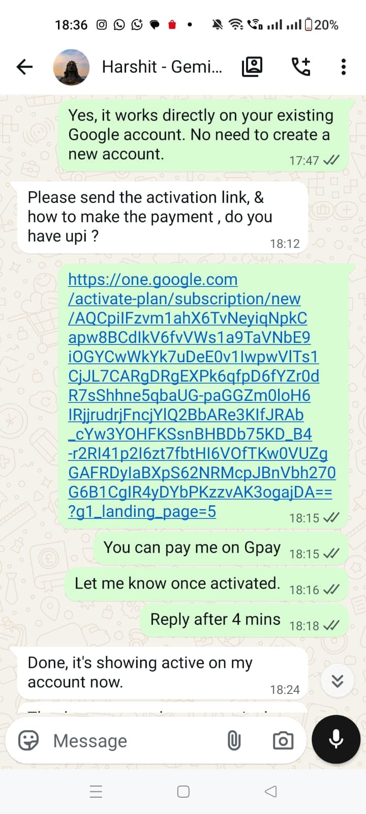 Harshit G. WhatsApp chat — activation confirmed