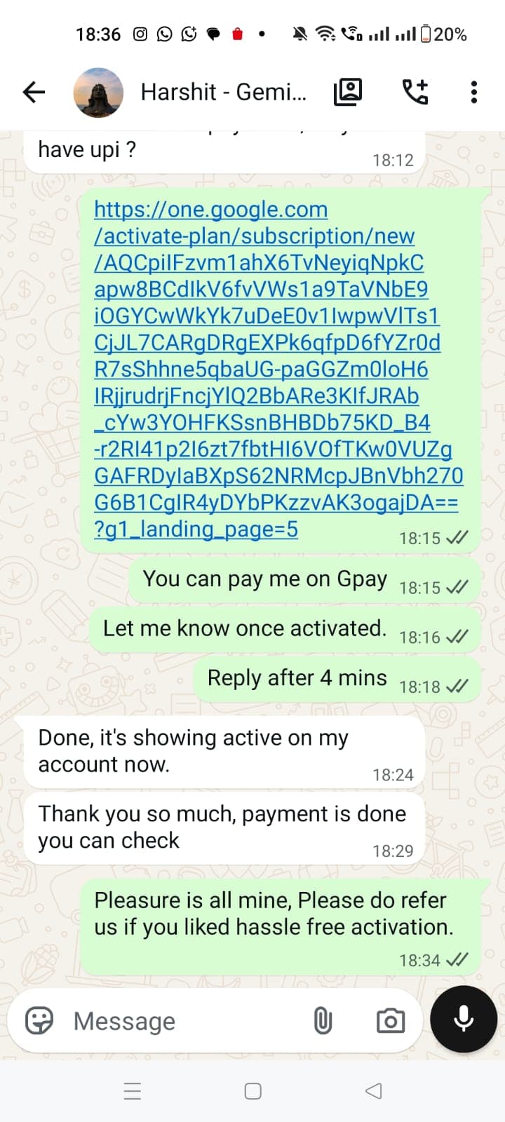 Harshit G. WhatsApp chat — payment done and thank you